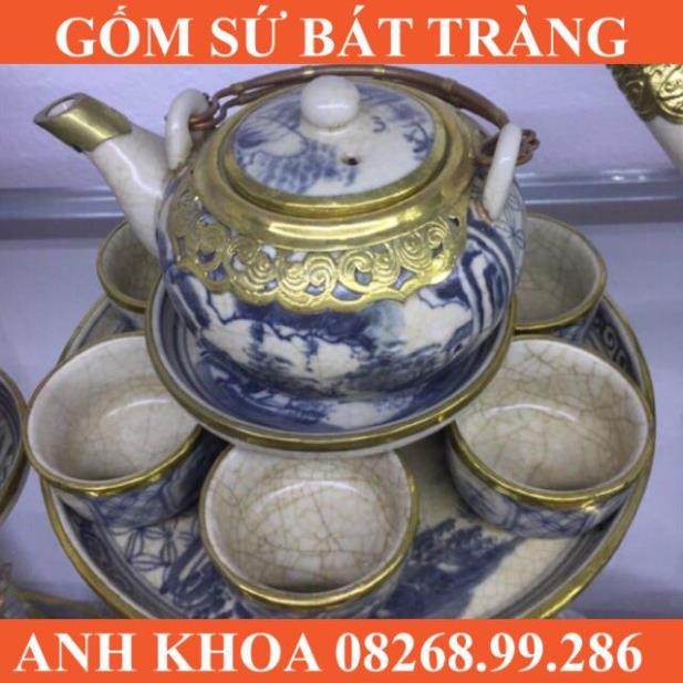 Ấm chén kèm khay bọc đồng men rạn - Gốm sứ Bát Tràng Anh Khoa