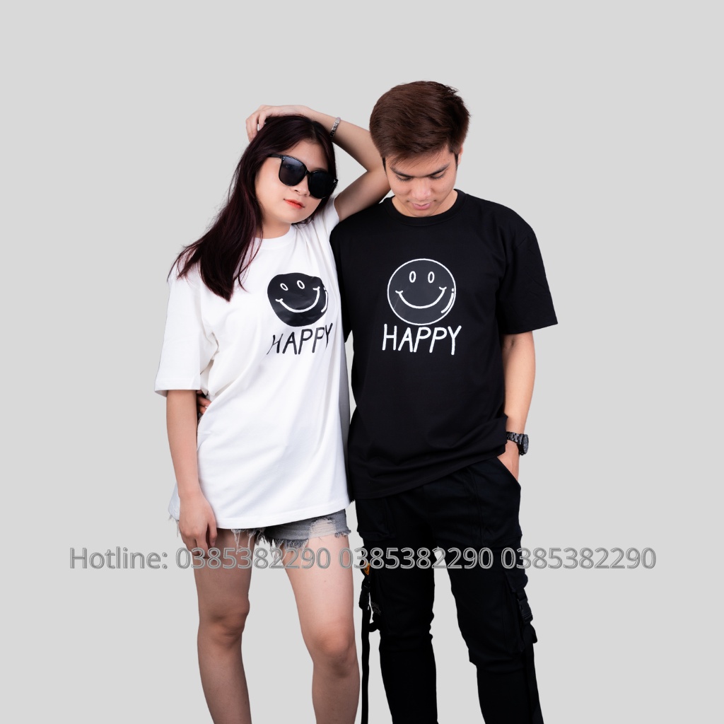 Áo đôi hình mặt cười kèm chữ HAPPY cực dễ thương cho các cặp đôi, áo thun oversize cotton