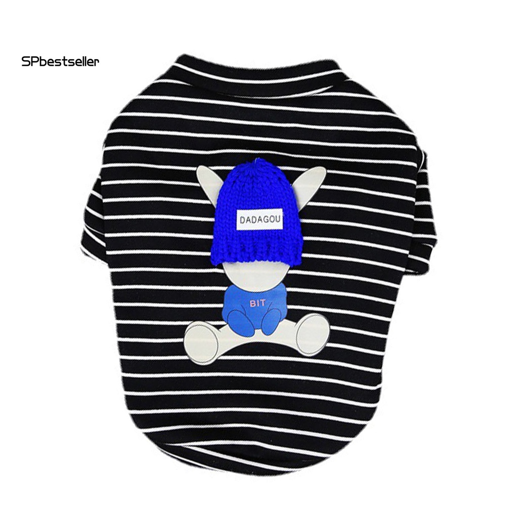 Áo Thun Họa Tiết Kẻ Sọc In Hoạt Hình Phối Mũ Vải Polyester Mềm Mại Thoải Mái Cho Thú Cưng