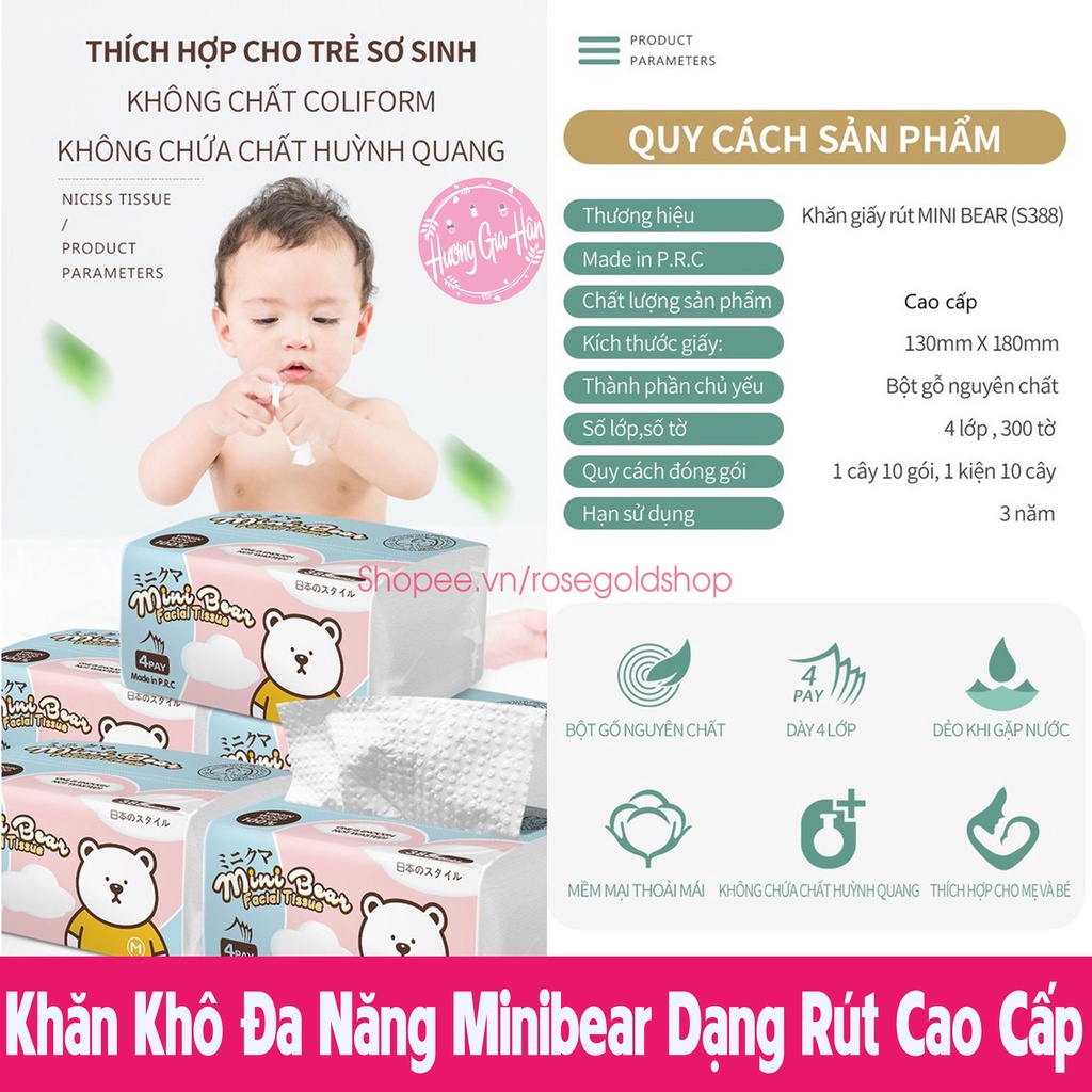 Khăn Giấy Khô Đa Năng Minibear Gói 300 Tờ Dùng Cho Mẹ Và Bé 100% Bột Gỗ Nguyên Chất