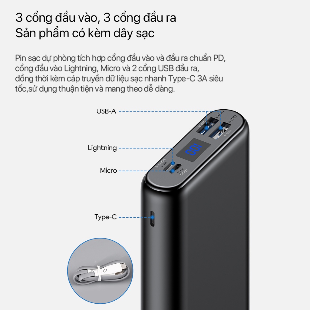 Pin Sạc Dự Phòng VIVAN 20.000mAh Quick Charge 3.0 22.5W 3 Output &amp; 3 Input VPB-H20S Hàng Chính Hãng Bảo Hành 12 Tháng