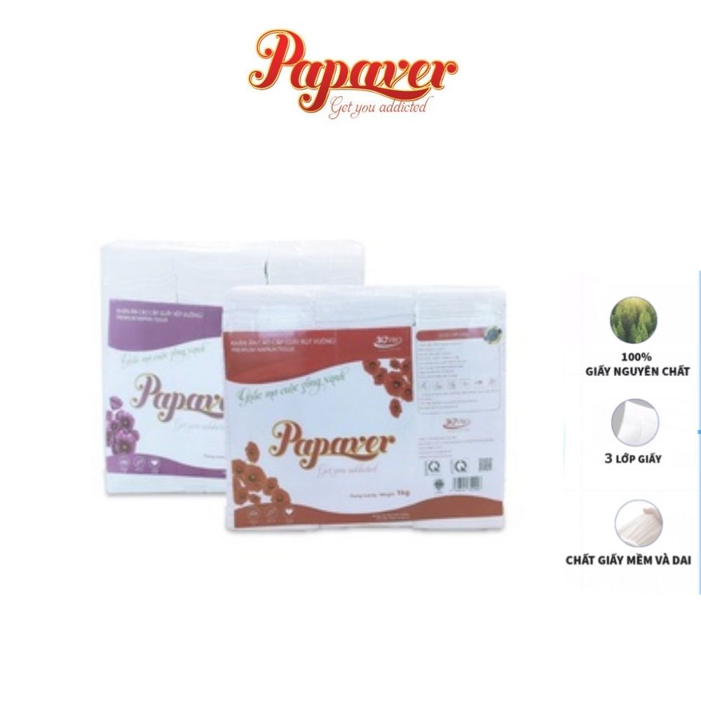 Giấy Ăn Nhà Hàng Papaver, Combo 10 Bịch 1kg,  2 Lớp,  Xếp/Rút, 100% Bột Giấy Nguyên Sinh