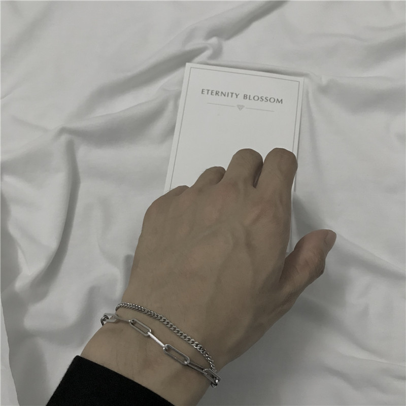 Vòng tay hai dây xích chất liệu thép titan phong cách hàn quốc harajuku hip hop dành cho nam và nữ