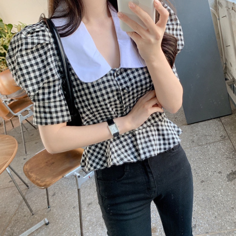 Áo Sơ Mi Ngắn Tay Cổ Búp Bê Họa Tiết Kẻ Sọc Thời Trang Phong Cách Phương Tây Cho Nữ