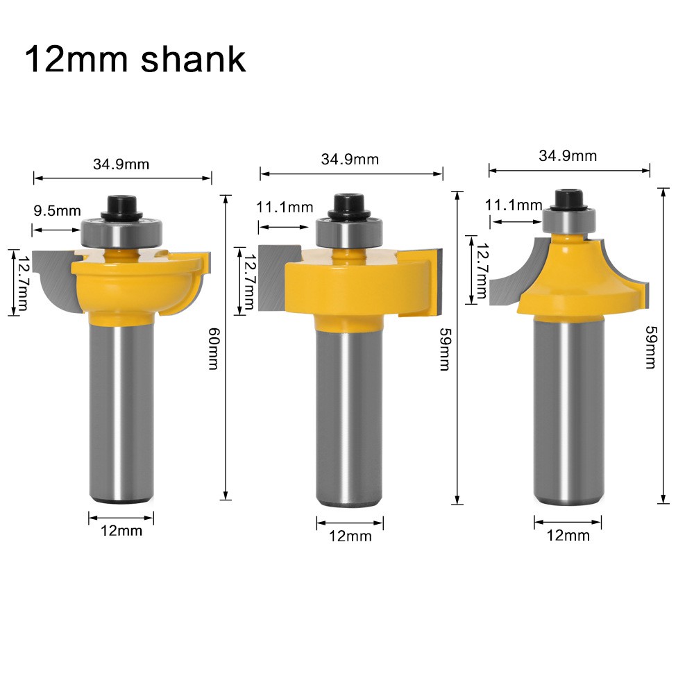 Bộ 3 mũi phay gỗ mũi soi ghép mộng phào chỉ cửa kính cốt 12mm và 12.7mm