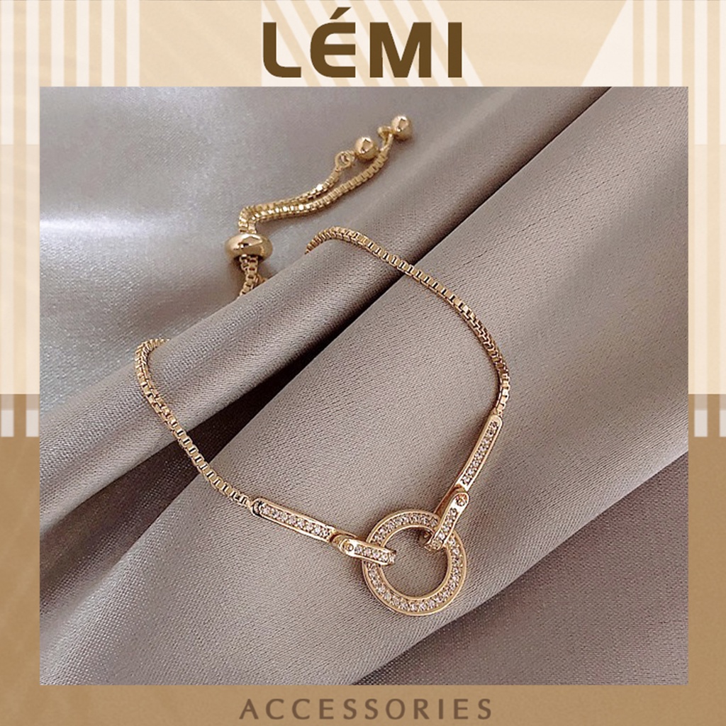 Lắc tay nữ mặt vòng tròn đính đá zircon LEMI thời trang vintage Vòng tay có dây rút chỉnh kích thước thông minh Lémi