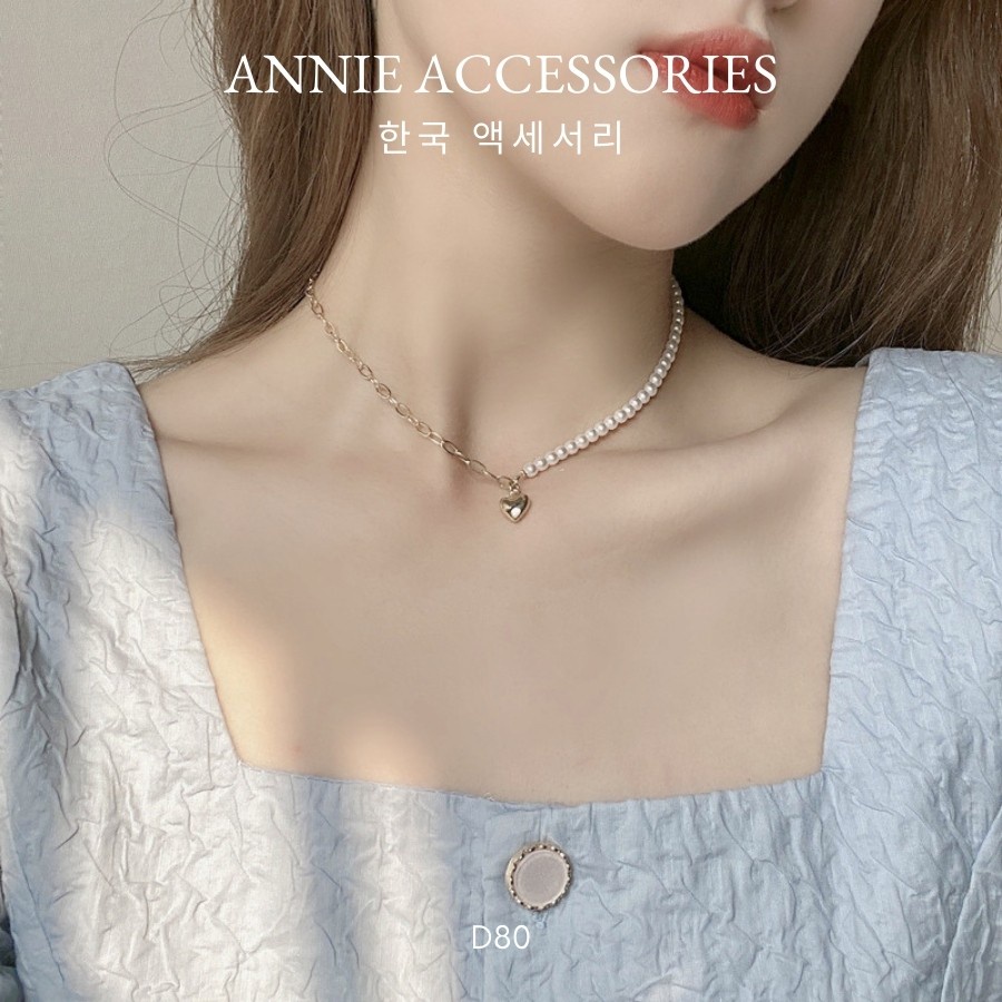 Vòng cổ dây chuyền ngọc trai nhân tạo phối tim vàng cá tính thời trang ANNIE - D80