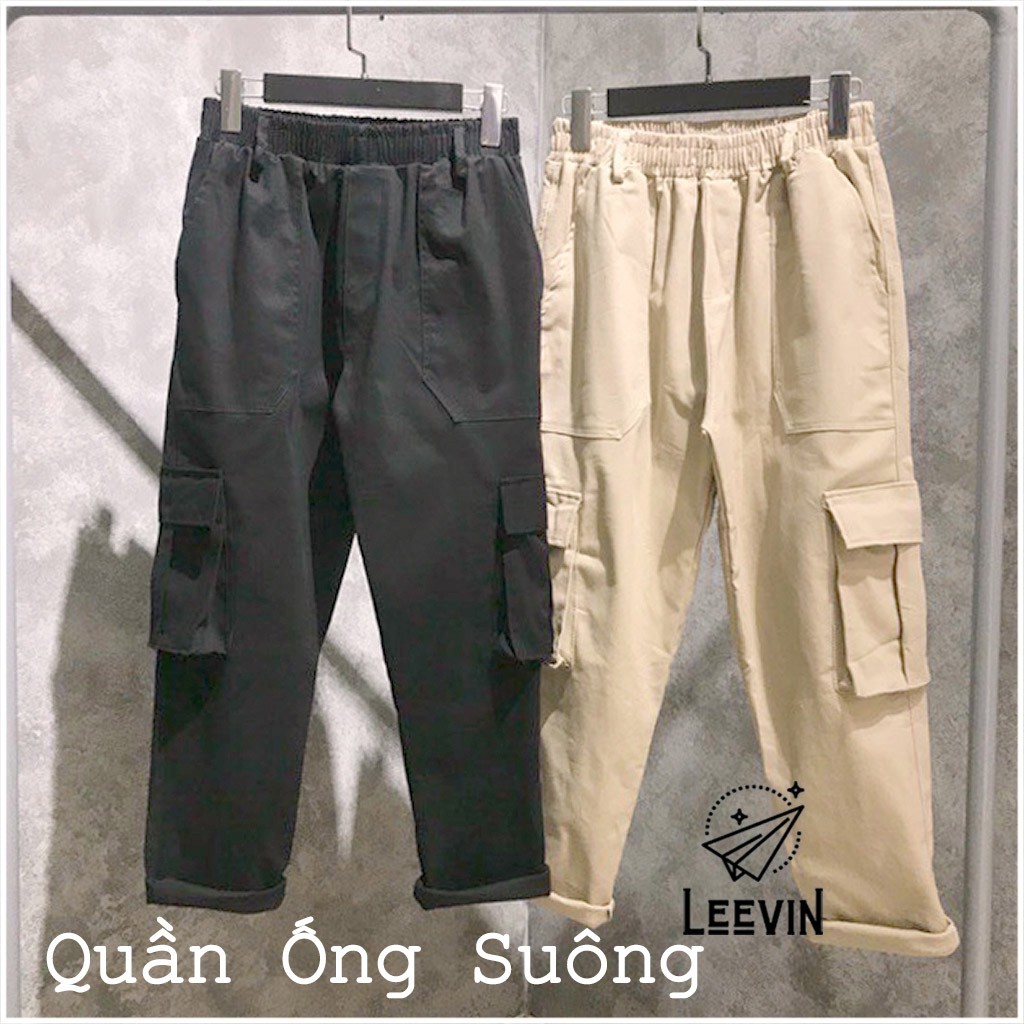 Quần Kaki Nam Nữ TÚI HỘP BOX PANTS Unisex - Kiểu quần Baggy kaki thun co dãn đen và tan be Leevin Store giảm giá