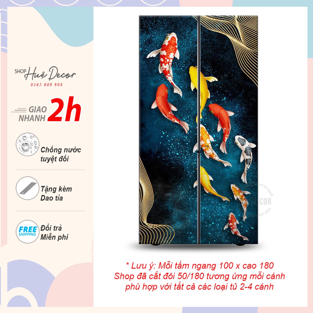 Decal dán tủ lạnh 2 cánh, 4 cánh cá koi  hue decor, chống nước siêu bền, chất lượng, giá rẻ