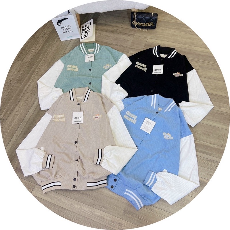 Áo khoác nhung tăm bomber nút bấm thêu