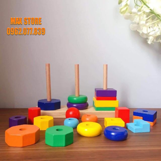 Bộ Giáo Cụ Montessori - Tháp Chồng 3 Cọc Bằng Gỗ ( Loại To Đẹp)