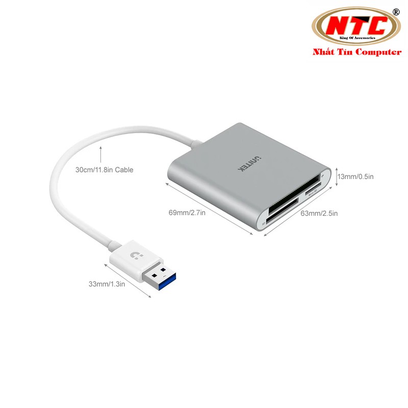 Đầu đọc thẻ nhớ 3.0 Unitek Y-9313 hỗ trợ microSD/SD/CF - hỗ trợ tốc độ 5Gbps (Bạc)