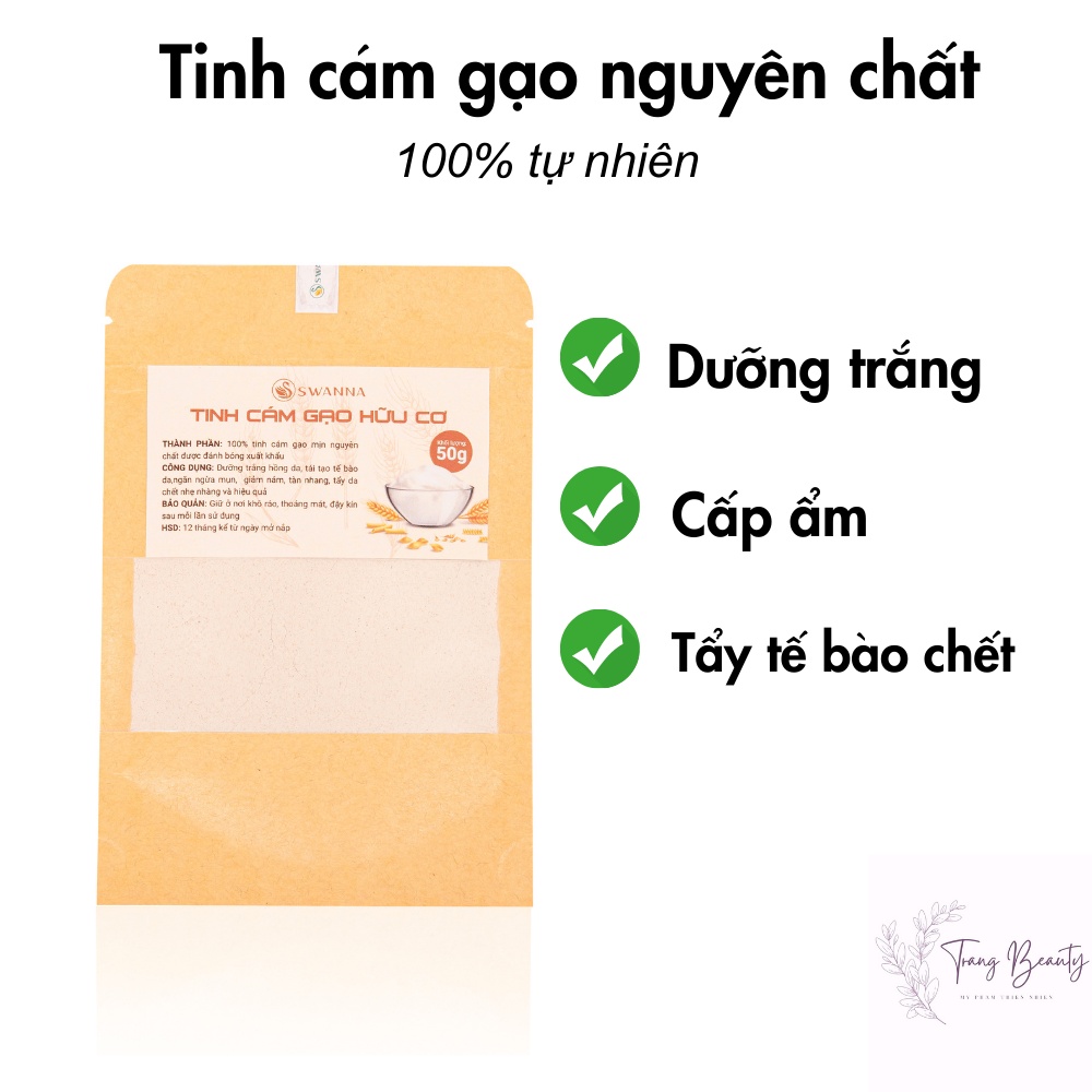 Tinh Cám Gạo Nguyên Chất Đắp Mặt Nạ Dưỡng Da Trắng Mịn, Giảm Nám 50g, Bột cám gạo 100 % thiên nhiên