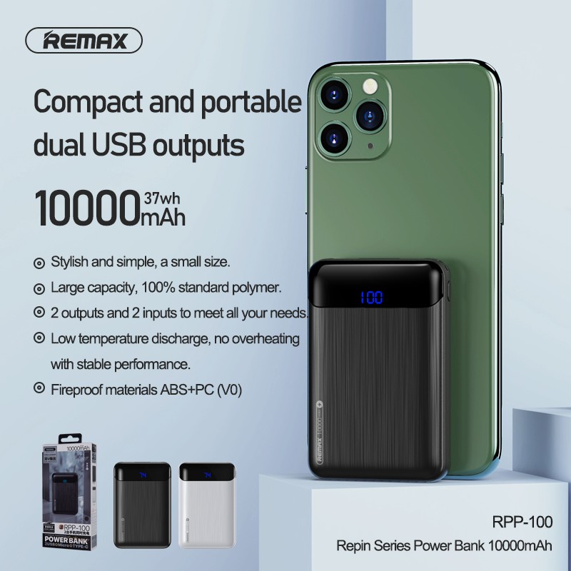 Pin sạc dự phòng Remax RPP-100 10000mAh Mini, 2 cổng input / output - Hãng phân phối