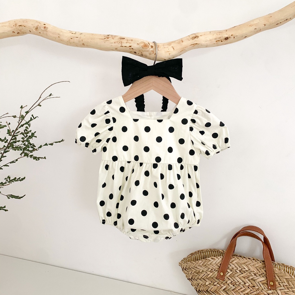 Bộ áo liền quần chấm bi + băng đô dành cho bé gái sơ sinh