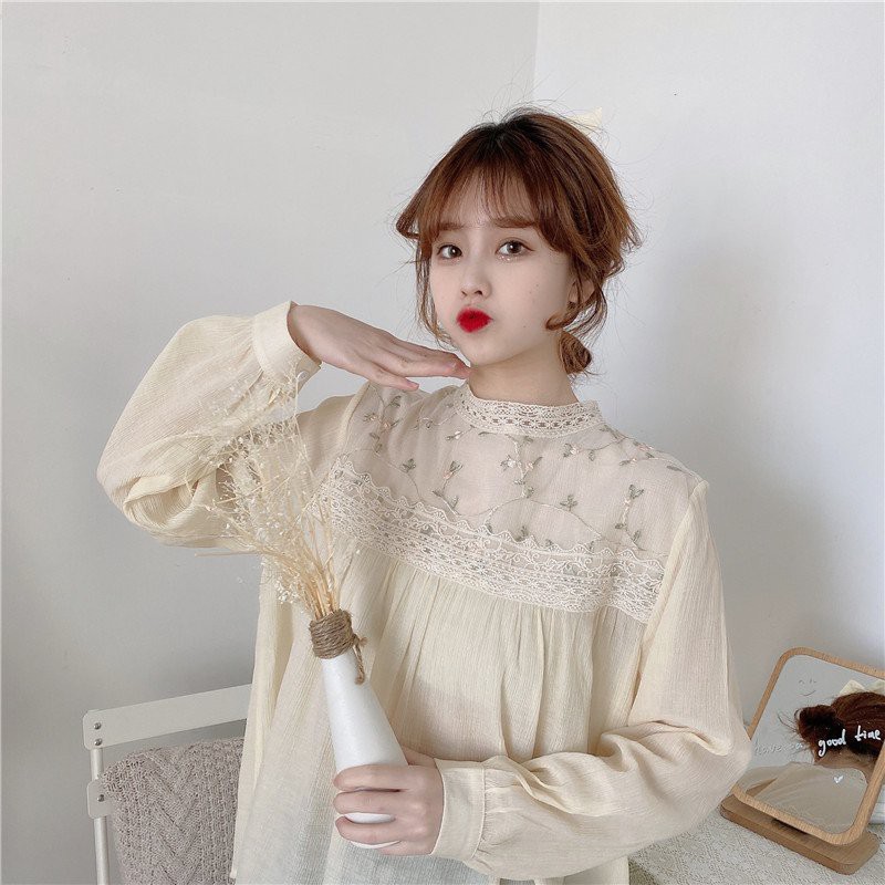 {EVACICI}   Áo sơ mi hoa ren ngực thời trang hot hit, Áo sơ mi cổ điệu dài tay ảnh thật