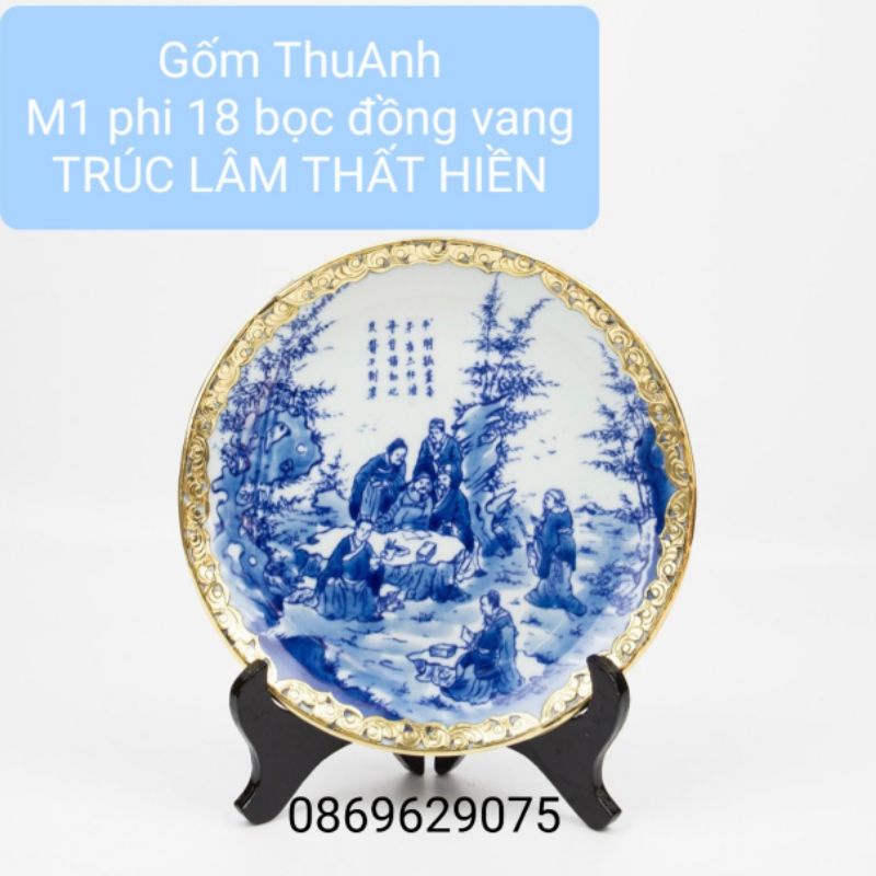 Đĩa cảnh men lam bọc đồng vàng.Hàng vẽ tay gốm sứ Bát Tràng.