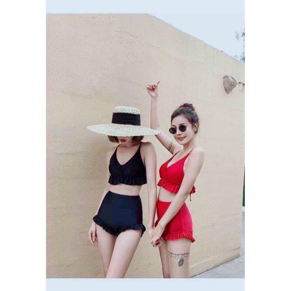 Bikini bộ bơi đồ bơi nữ đi biển yếm quần nhún bèo dễ thương kín đáo (Đỏ và đen) EVA YBN *