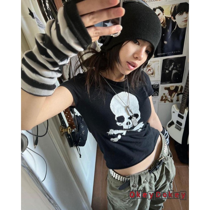 OKDK-y2k Women Fashion Round Neck Skull Print Knitting Party Casual Tops Elastic Shirts