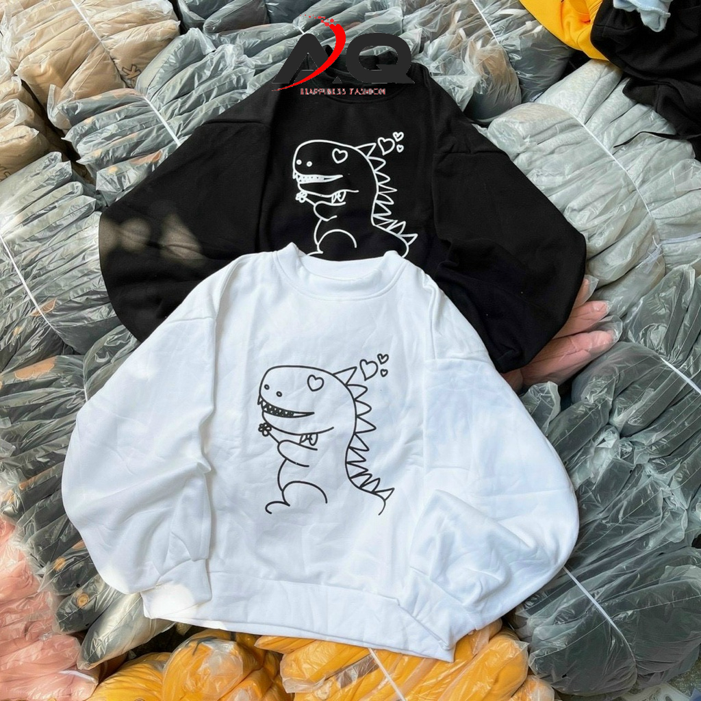 Áo sweater tay phồng in bé khủng long áo nỉ thun Nam Nứ Tay Lỡ cực chất phong cách Unisex - QSTORE