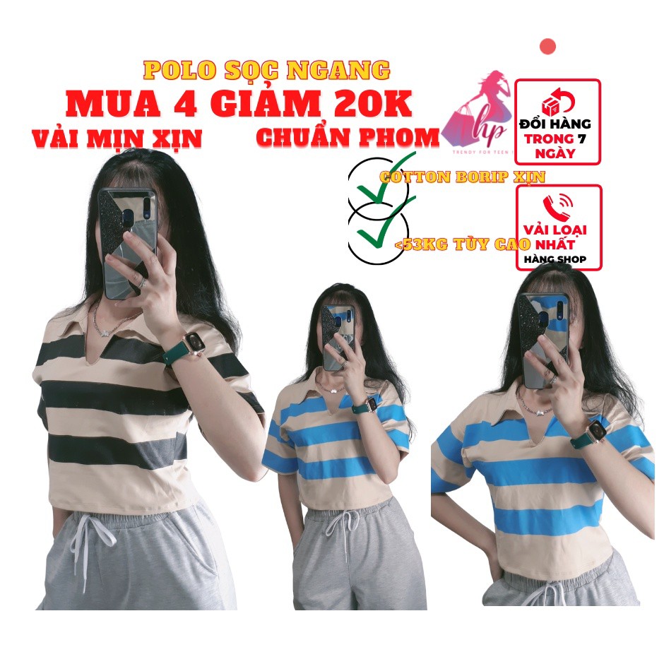 Áo polo nữ tay lỡ form croptop cổ bẻ sọc ngang thun cotton borip xịn kiểu hàn quốc mẫu mới thoiwfi trang nữ