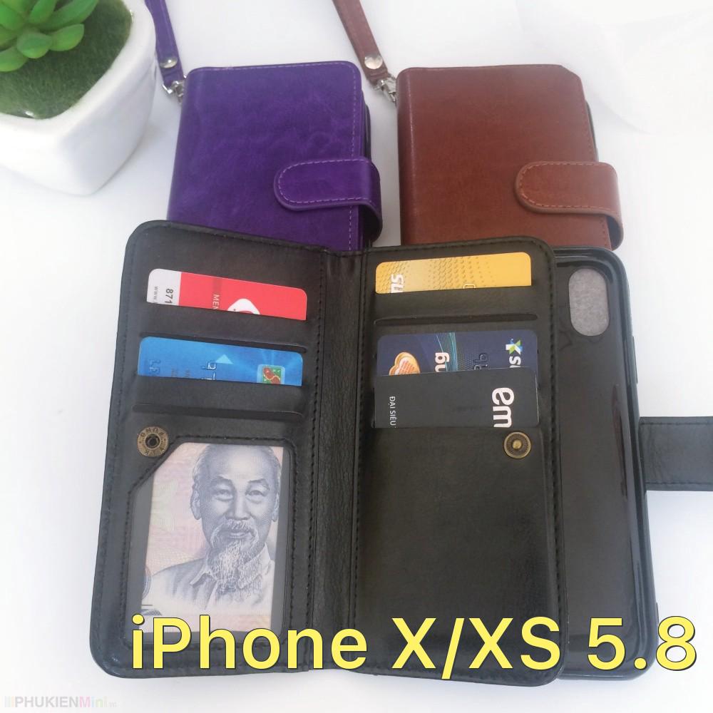 Bao da ví điện thoại kèm 2 ngăn đựng thẻ tiền, ốp lưng rời, nút cài nam châm cho iPhone X/XS 5.8