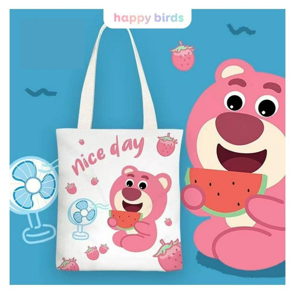 Túi tote vải canvas đeo vai hoạt hình gấu dâu vải bố canvas đựng đồ đi học thêm đi chơi phong cách Hàn Quốc HappyBirds
