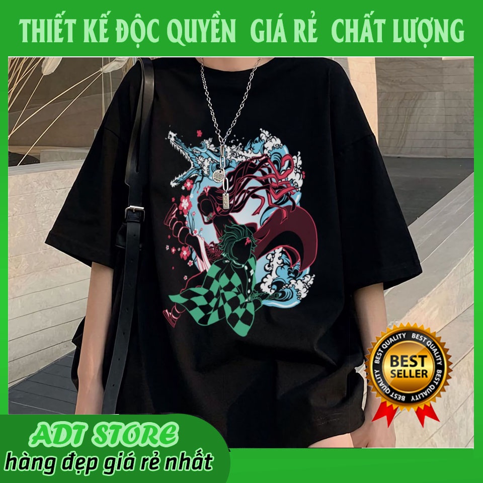 Áo thun tay lỡ nam nữ form rộng Unisex anime Tanjiro - Nezuko Kimetsu No Yaiba Demon Slayer màu đen độc đẹp