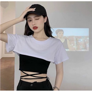 Set áo 2 món croptop phối áo chéo dây eo