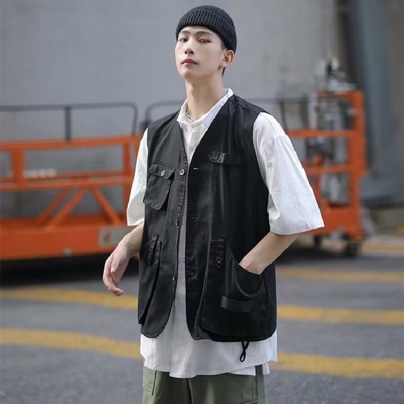 Áo Sơ Mi Không Tay Dáng Rộng Thoải Mái Nhiều Túi Phong Cách Hip Hop Đường Phố Nhật Bản Cho Nam [M-2XL]