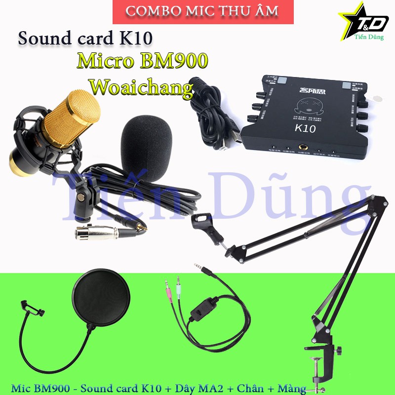 [Mã ELHACE giảm 4% đơn 300K] Combo bộ mic thu âm BM900 sound card XOX k10 dây livestream MA2 chân kẹp và màng lọc