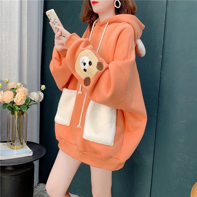 Áo Hoodie Lót Nhung Dáng Rộng In Hình Gấu Thời Trang Thu Đông Phong Cách Hàn Quốc Cho Nữ