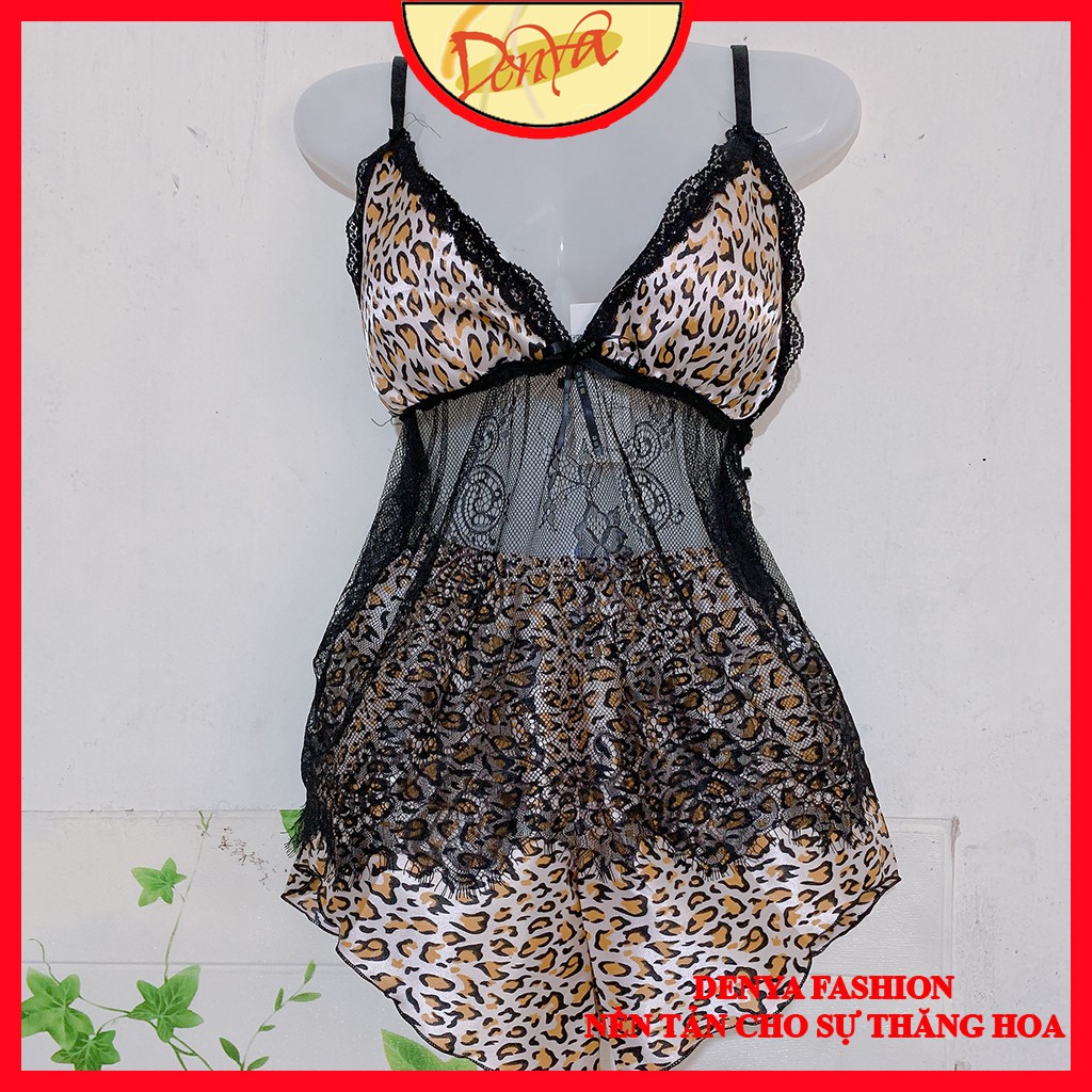 Đồ ngủ xuyên thấu có mút, họa tiết beo, ren mềm DN26