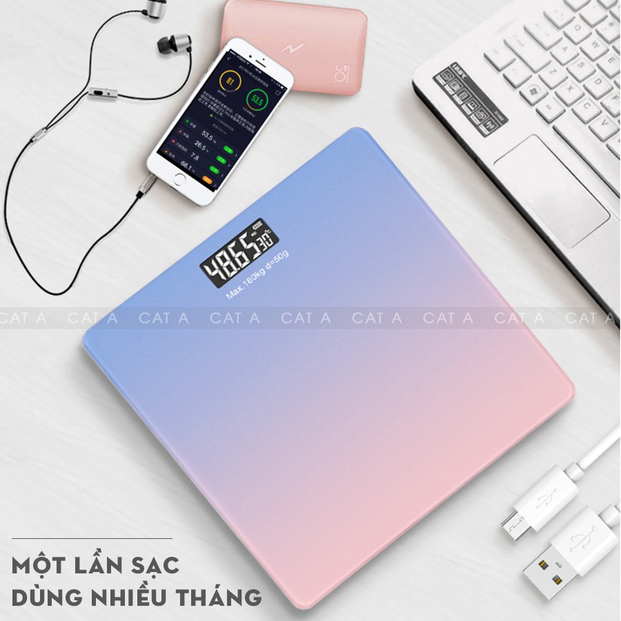 Cân Điện Tử Khỏe Điện Tử Mini Màn Hình LCD Mặt Kính Chịu Lực Tải Trọng 180kg Sạc USB nhiều màu sắc