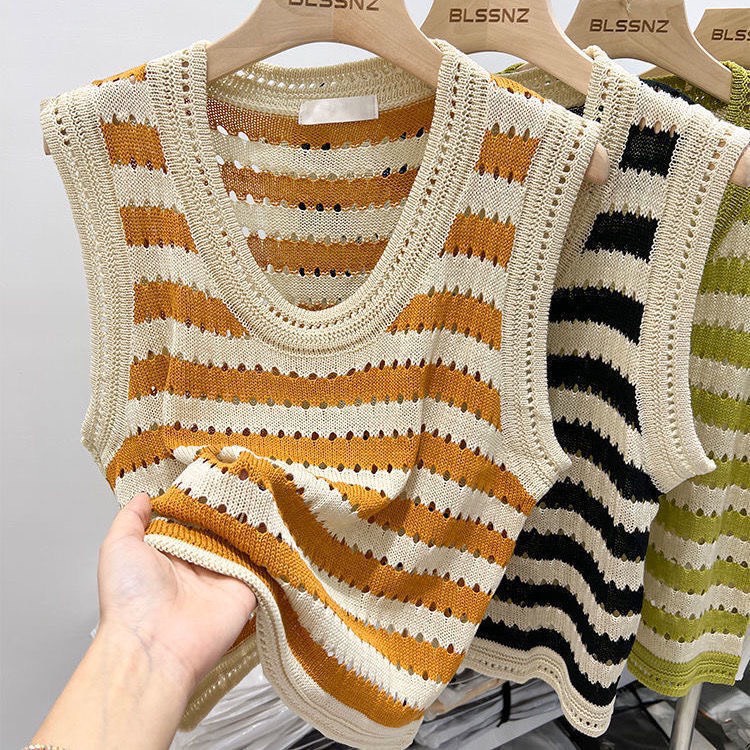 Áo Tanktop Dệt Kim Kẻ Ngang Cá Tính Thời Trang Hàn Quốc Cho Nữ
