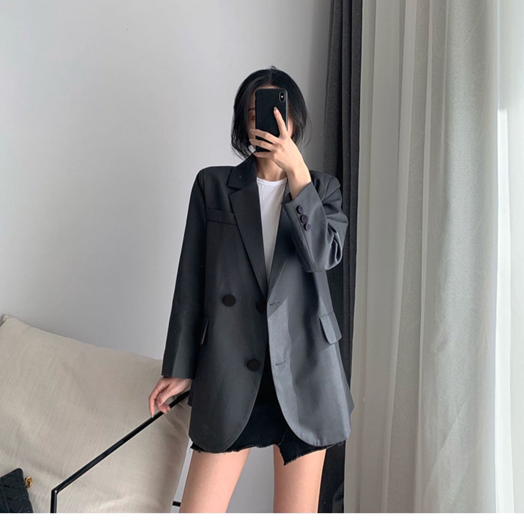 Áo khoác vest dáng dài màu xám phong cách retro Hàn Quốc thời trang xuân thu cho nữ