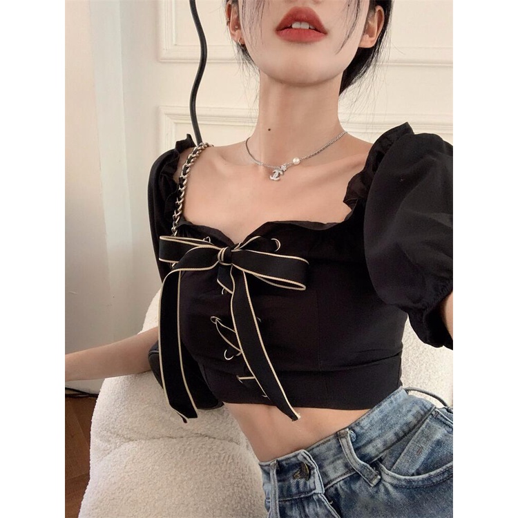 QKOOLE  Áo Croptop Tay Ngắn Màu Đen Phong Cách Hàn Quốc Trẻ Trung Cho Nữ