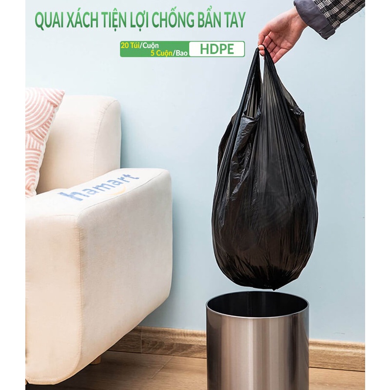 Cuộn 20 Bao Rác Có Quai Tự Phân Huỷ Túi Ni Lông Đựng Rác Có Quai Xách 46x60 CM KO MÙI HÔI