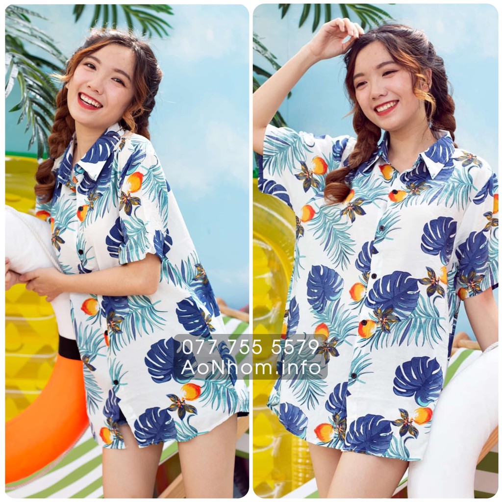 Áo Sơ Mi Hawaii Đi Biển Mềm Mát - Đào Trắng - Áo Đôi Đồng Phục Nhóm Lớp Team Building Hoạ Tiết Hoa Lá Trái Cây