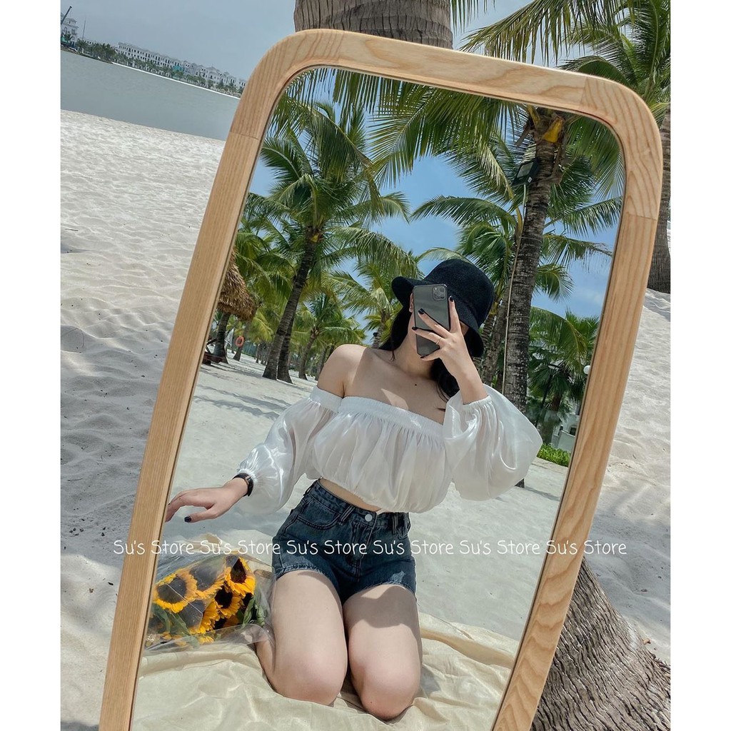 (NEW) ÁO KIỂU TRỄ VAI TIN CROPTOP TAY DÀI VOAN GIẤY TRẮNG BE ĐEN - ÁO LƯỚI CROPTOP TRỄ VAI BO CHUN HOT GIRL