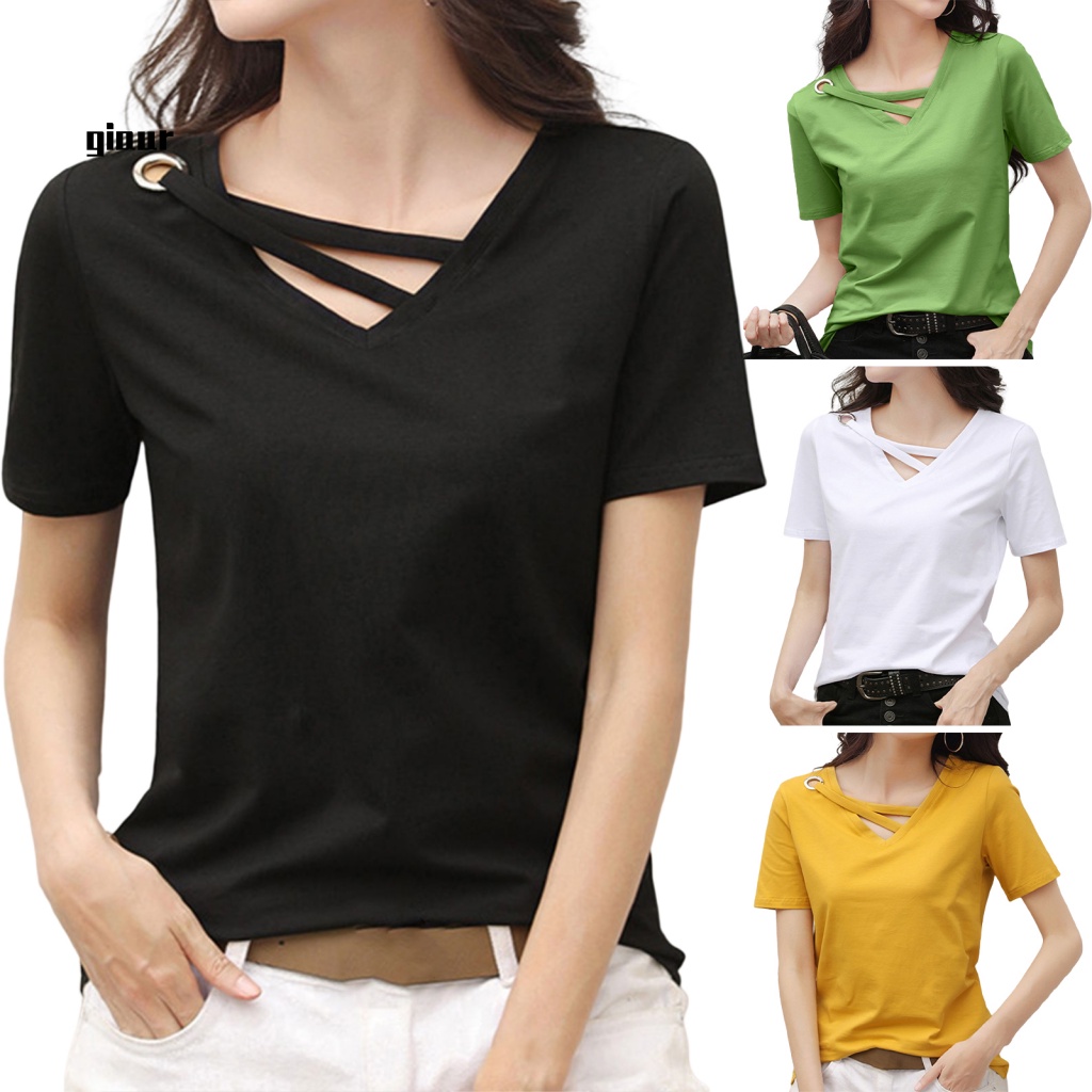 Áo Thun Tay Ngắn Khoét Lỗ Thời Trang Dành Cho Nữ