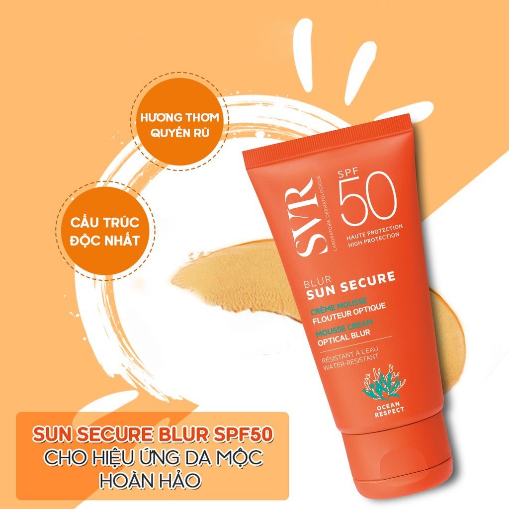 Kem chống nắng SVR Sun Secure Fluide SPF50+ trong suốt k bết dính Secure Blur SPF50 có màu che khuyết điểm SVR002 SVR007