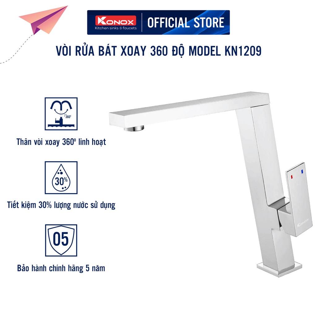 Vòi rửa bát xoay 360 độ KONOX KN1209 hợp kim đồng 61% tiêu chuẩn Châu Âu CW617N, bề mặt xử lý công nghệ PVD Chrome 5 lớp