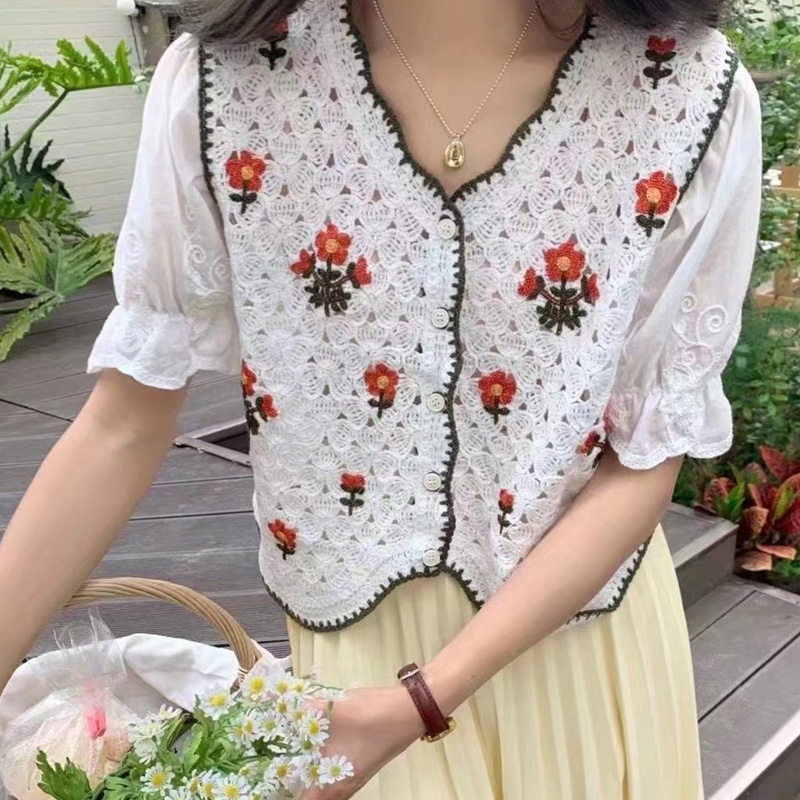 Brroa Áo Croptop Ngắn Tay Thêu Hoa Thời Trang Nữ