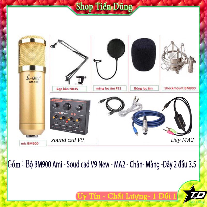 MIC THU ÂM BM900 AMI SOUND CARD V9 CHÂN MÀNG DÂY MA2 full bộ- BỘ LIVE STREAM SOUND CARD V9 CÓ AUTO-TUNE TÍCH HỢP PIN