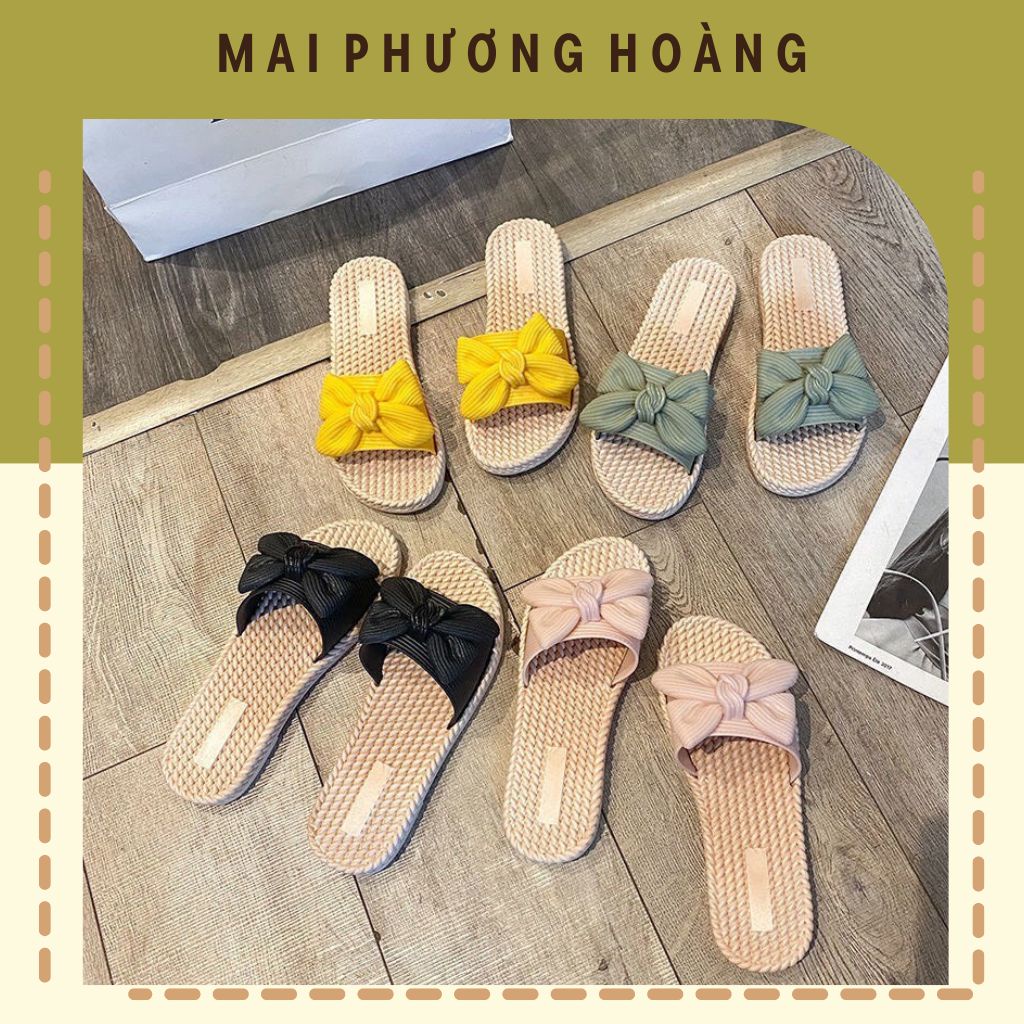 Dép nữ giả cói đính nơ quai ngang họa tiết xinh xắn đế khuy nhựa dẻo êm chân