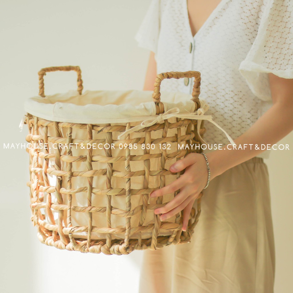 Sọt Lót Vải Lục Bình Tròn Đan Thưa Có Quai Xách Mayhouse