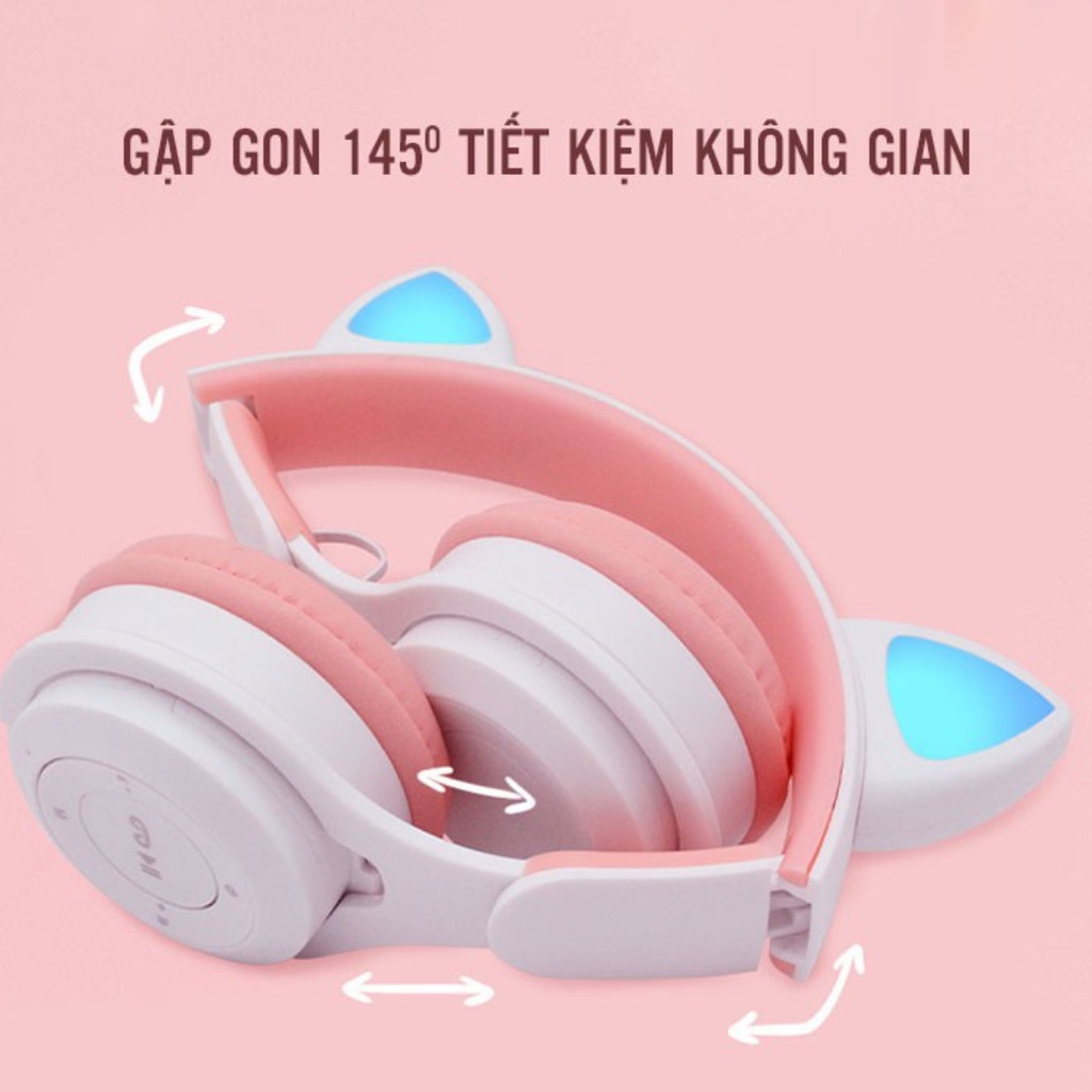 Tai nghe mèo chụp tai bluetooth không dây có mic BOMAN, Tai phone bluetooth không dây gaming có đèn led đổi màu cute