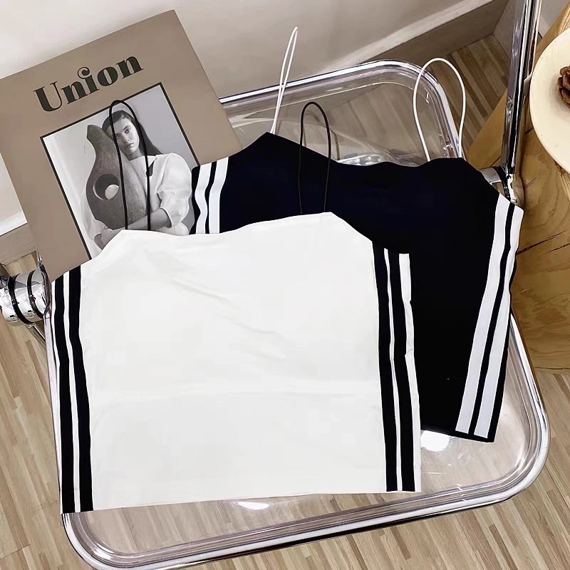 Áo Hai Dây Croptop Sọc Thể Thao Nữ Màu Đen Trắng Chất Đúc Không Viền Có Mút Đệm Ngực Tôn Dáng Siêu Co Dãn
