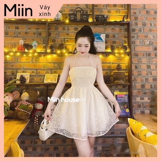 Váy ép hoa nổi cổ yếm nơ lưng